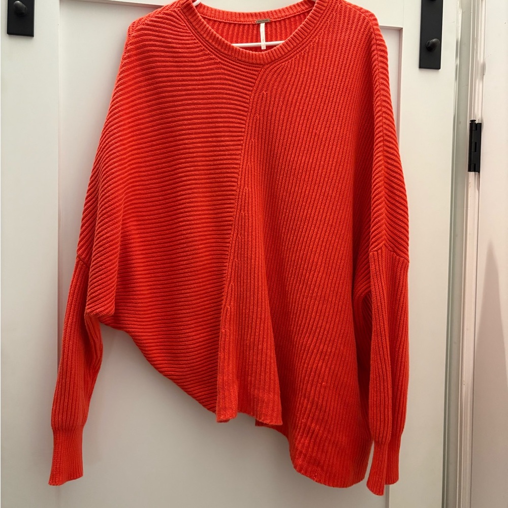 Free People Vibrant Orange Asymmetric Crew Neck Sweater